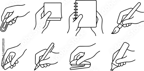 set of icons of various office supplies in human hands in line art style, for thematic designs, social networks or websites