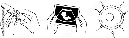set of icons on the topic of pregnancy, namely a positive pregnancy test, a fertilized egg and an ultrasound scan in line art style, for thematic designs, social networks or websites
