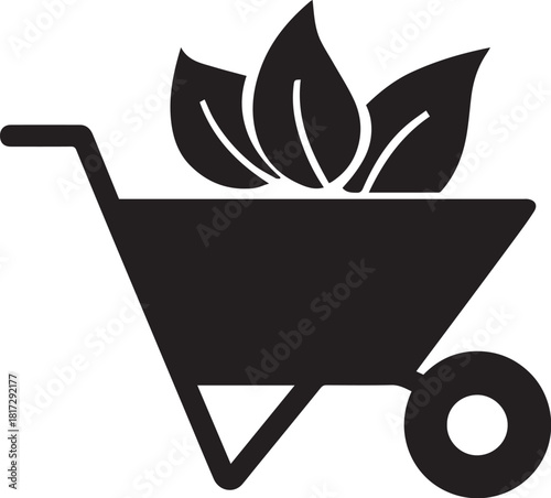 Wheelbarrow with leaves black silhouette icon on white background