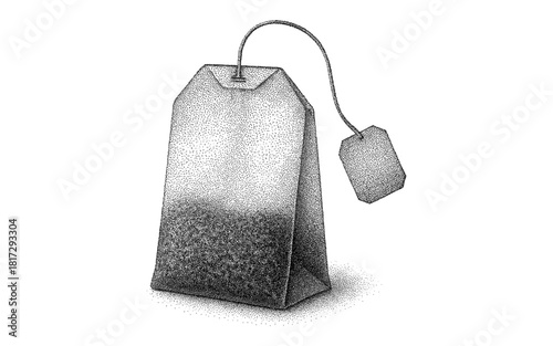 Detailed stippled teabag design with tag on white background