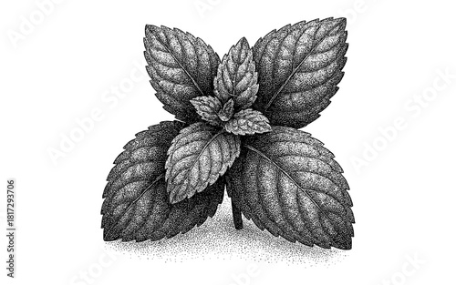 Intricate stipple art of mint leaves in detailed black and white design
