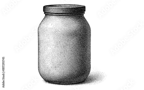 Detailed engraving of a mason jar with lid in vintage style