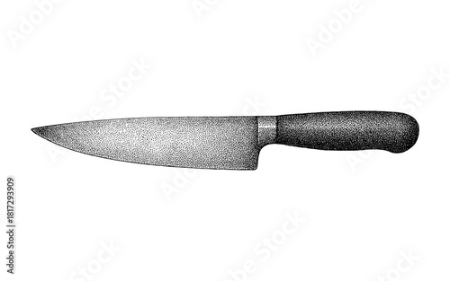 Detailed stipple design of classic kitchen knife: textured black and white