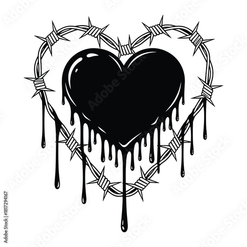 Black heart dripping liquid inside barbed wire heart shape vector