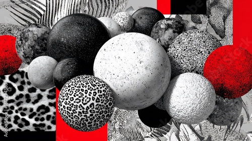 Grayscale spheres float against animal prints and red rectangles in collage