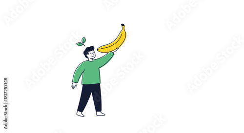 Minimalist flat illustration of a happy young man in casual green clothes holding up a large yellow banana for a healthy lifestyle.