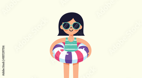 Cute cartoon girl wearing sunglasses and a swimsuit holding a colorful inflatable swim ring for summer vacation fun illustration.
