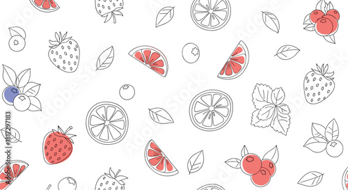 Minimalist seamless food pattern with hand-drawn line art of strawberries blueberries and citrus slices on a white background.