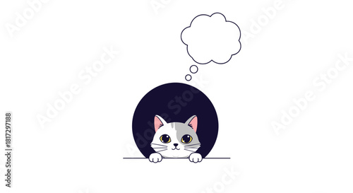 Adorable cartoon cat with big eyes peeking out of a dark hole with a blank thought bubble for custom text above its head.