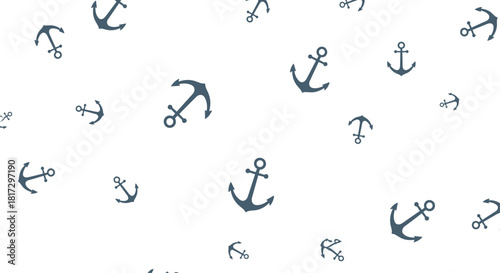 Minimalist seamless nautical pattern with small dark blue anchors scattered randomly across a clean plain white background.