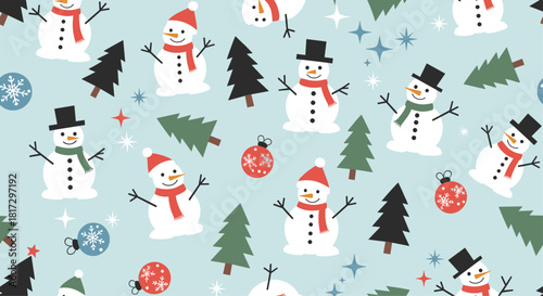 Joyful Christmas seamless pattern with cute cartoon snowmen Christmas trees and holiday ornaments on a light blue background.