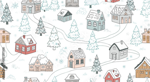 Cozy seamless winter pattern with hand-drawn houses and snow-covered trees creating a charming village scene for Christmas.