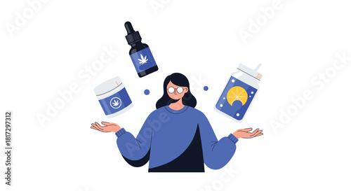 Modern flat illustration of a woman juggling various CBD and cannabis products like oil cream and vitamins for wellness.