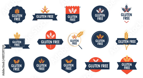 Large collection of gluten-free badges and labels with wheat and grain icons for healthy food packaging and product marketing.