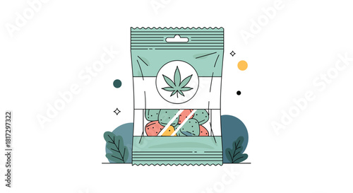 Flat line art illustration of a sealed bag of cannabis-infused edibles with a marijuana leaf logo on the front packaging.