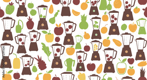 Seamless pattern of blender and fresh fruit silhouettes in earthy tones for a healthy smoothie or juice bar theme design.