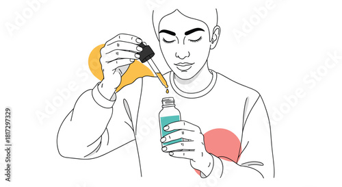 Minimalist line art illustration of a person with closed eyes applying a facial serum or oil from a dropper bottle for skincare.