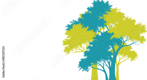Minimalist environmental concept with blue and green silhouettes of deciduous trees overlapping on a white background with space.