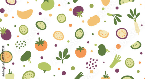 Cute and simple seamless pattern with various hand-drawn vegetables and dots in a soft pastel color palette on white.