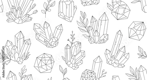 Seamless black and white pattern of hand-drawn crystals and gemstones in a geometric line art style on a white background.