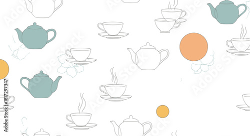 Elegant and minimalist seamless pattern of teapots and teacups in a simple line art style with modern colorful accents.
