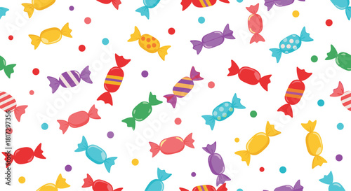 Playful and sweet seamless pattern of colorful wrapped candies and polka dots scattered on a clean white background for kids.