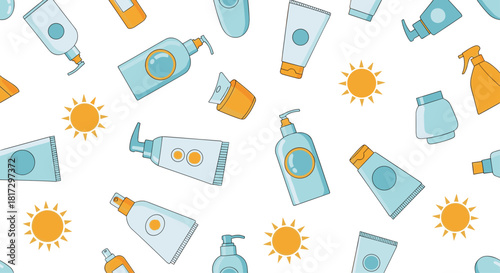 Seamless summer pattern of various sunscreen and sunblock bottles and tubes with sun icons for beach and skincare themes.