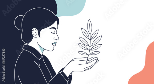 Minimalist line art illustration of a woman with closed eyes peacefully holding a small plant or branch in her hands for peace.