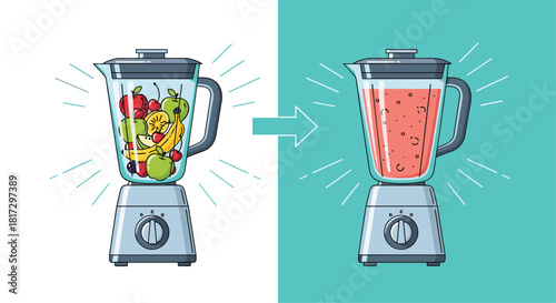 Before and after illustration of a kitchen blender full of whole fruits transforming into a smooth and delicious pink smoothie.