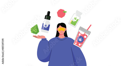 Modern flat design concept of a woman presenting various cannabis and CBD products like edibles oil and drinks for wellness.