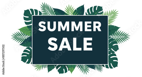 Summer sale promotional graphic with bold white text inside a dark rectangle framed by lush green tropical palm leaves.