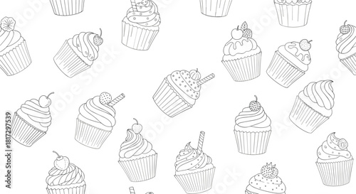 Seamless black and white pattern of hand-drawn doodle cupcakes with various toppings perfect for a coloring book or bakery wrap.