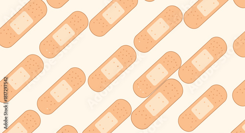 Simple seamless pattern background of diagonally arranged adhesive bandages for a medical healthcare or first aid-themed design.
