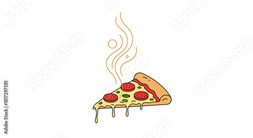 Simple and delicious cartoon illustration of a hot slice of pepperoni pizza with cheese melting and steam rising on a white background.