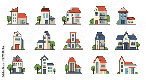 Collection of modern house and building icons in a colorful flat line art style showcasing various types of urban architecture.