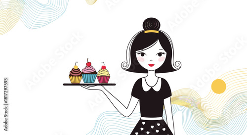 Charming cartoon illustration of a cute waitress with a hair bun holding a tray of colorful cupcakes against a modern background.