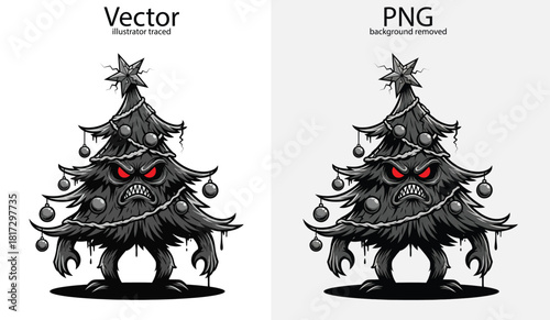 Angry cartoon Christmas tree monster with red eyes and sharp teeth evil