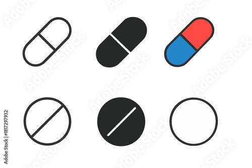 Minimalistic Pill Icons. Linear minimalistic pill icon: capsule outline split in half, uniform line thickness, no fill, Solid pill
