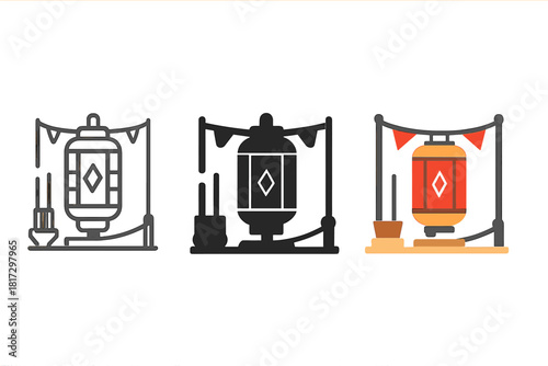Cultural Lantern Icons. Linear minimalistic cultural lantern icon: cylindrical lanterns, incense holders, paper motifs, small