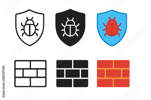 Antivirus and Firewall Icons. Linear minimalistic antivirus icon: shield outline with small bug, uniform line thickness, no fill,