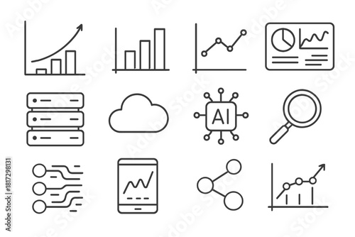 Data Analytics Icons. Line style icons of Data Analytics in Industry: graph chart, bar chart, line graph, dashboard; server rack,