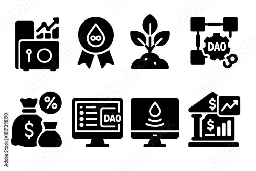 DAO Treasury Icons. Solid style icons of DAO treasuries in DeFi: DAO vault with DeFi chart, LP token badge, yield farming with DAO