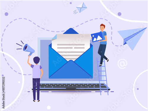 Newsletter subscription concept. email is sent by people at work. paper airplane