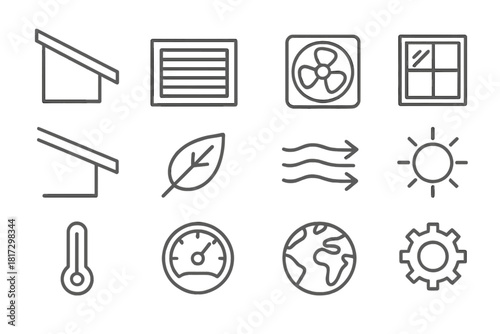 Passive Cooling Icons. Line style icons of Passive Cooling: Shading Device, Vent, Fan, Window; Roof Overhang, Leaf, Airflow, Sun;