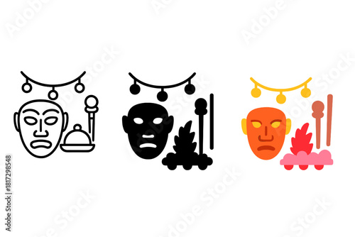 Cultural Event Icons. Linear minimalistic cultural event icon: folk mask, string lights, food tray, ceremonial stick, costume