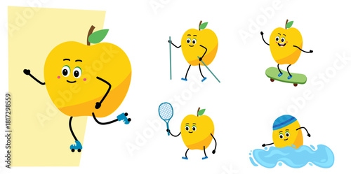 Cute apple character. sport - nordic walking, skateboard, swimming, Tennis.