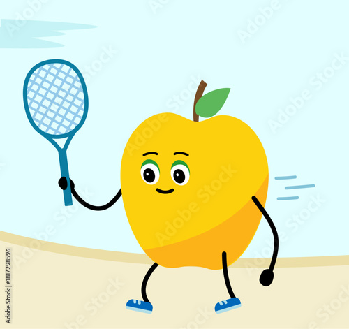 Cute apple. apple plays tennis. The concept of a gym, health, fitness, cartoon.