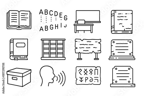 Endangered Language Icons. Line style icons of Language Death: old manuscript, fading letters, abandoned classroom, forgotten