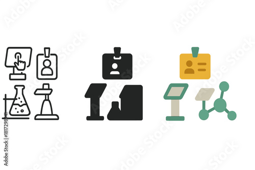 Science Center Icons. Linear minimalistic science center icon: interactive lab, exhibit stand, visitor pass, experiment kit,