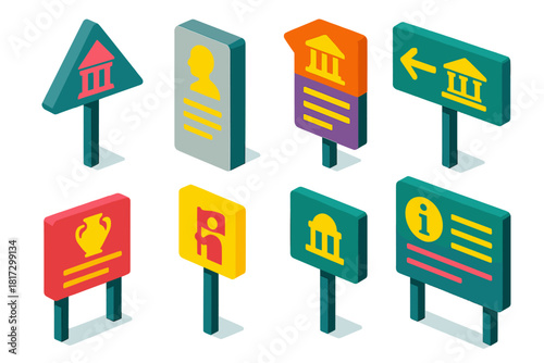 Vibrant Street Sign Icons. Isometric vector illustration set Street signs – historical site sign, monument plaque, heritage trail